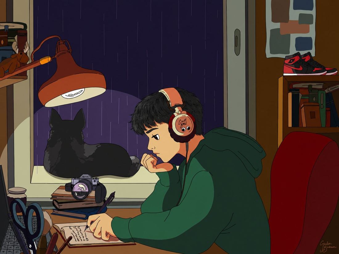 Illustrated night-time desk scene with a camera, notebook and cat by the window